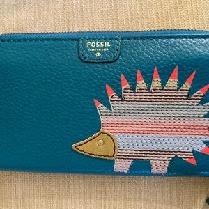 Fossil Blue Wallet with Hedgehog Design